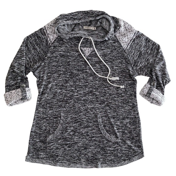 Chance or Fate XL Lightweight Sweater Hoodie Cowl Neck Gray Lace Roll up Sleeves - Picture 1 of 12